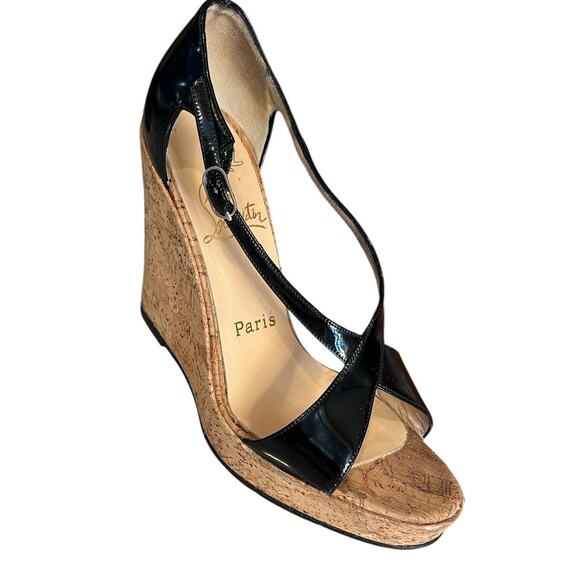 Christian Louboutin Black Patent Leather Platform Cork Wedge Sandals - Picture 1 of 9